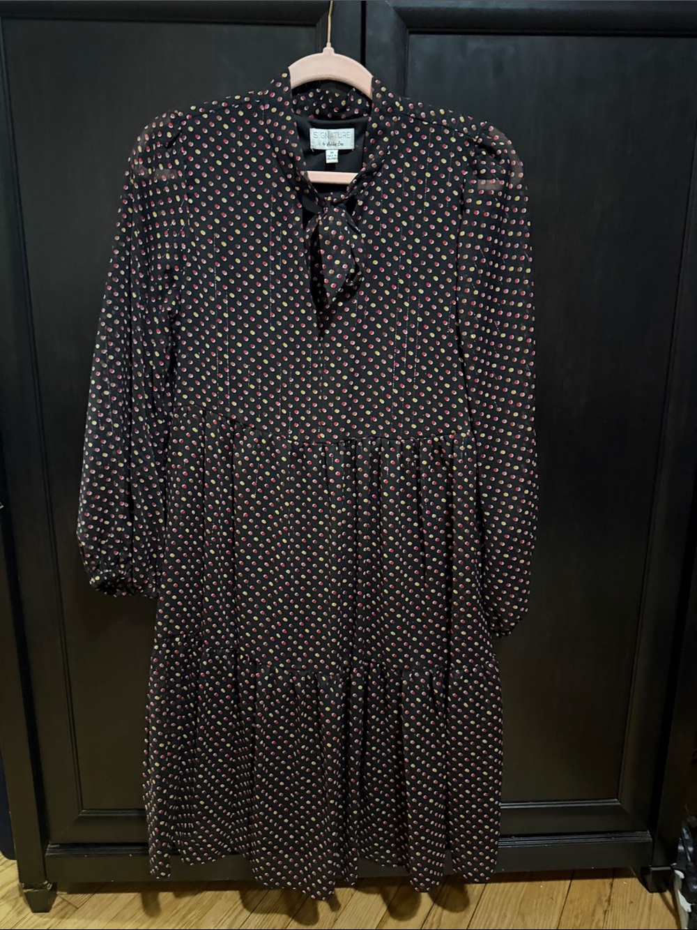 Signature by Robbie Bee Black Long Sleeve Tiered Dress with Pink Dots